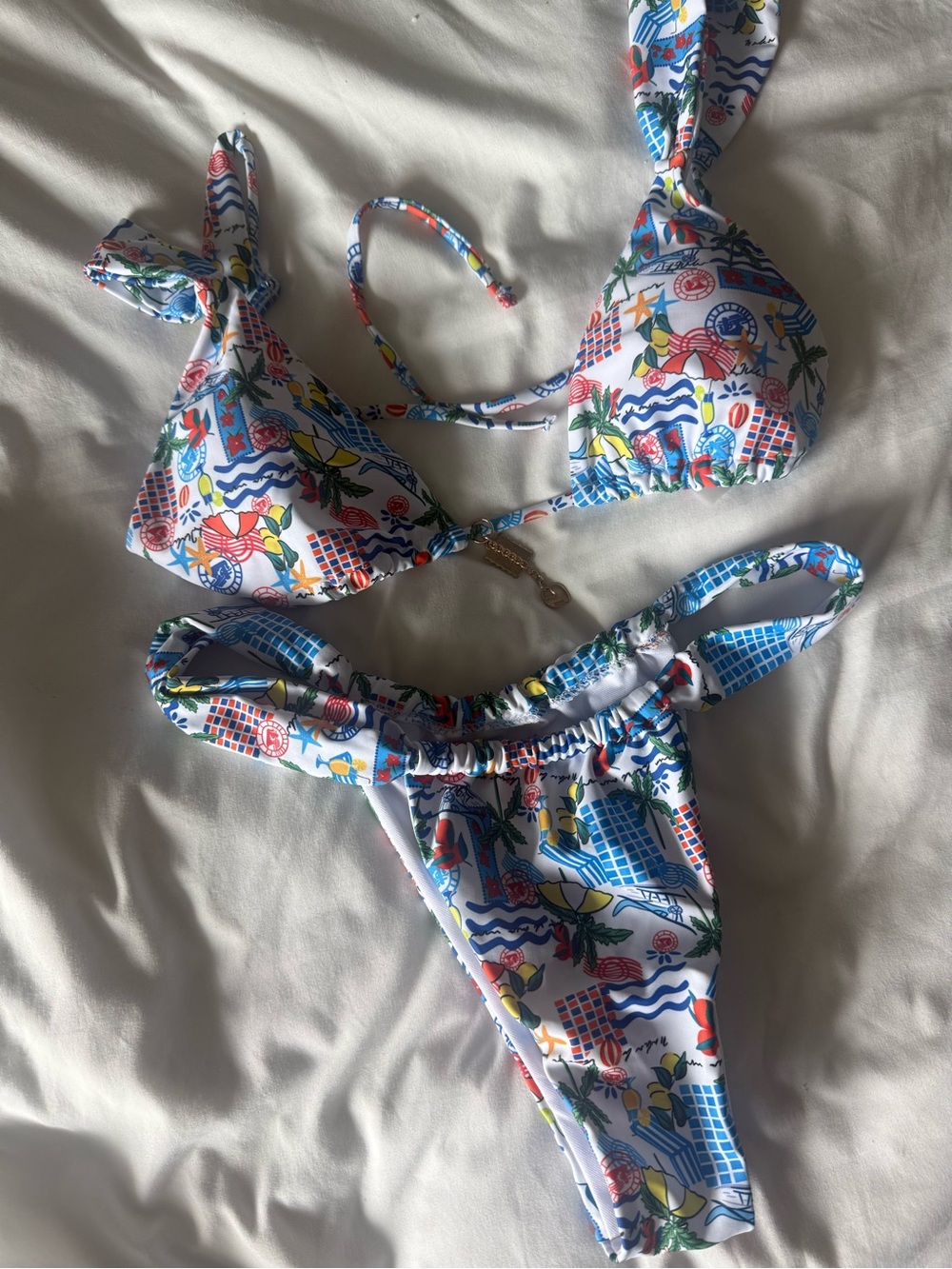 White Multicolor Printed Bikini Set